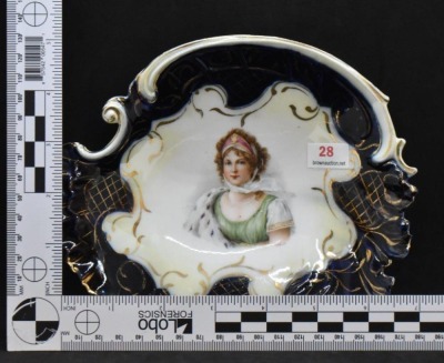 Handpainted porcelain portrait cobalt tray, 7.25" x 6" - 7