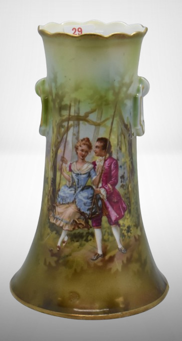 Mrkd. R.S. Prussia 7" scenic vase, Woman in swing II