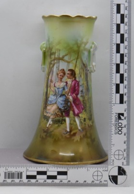 Mrkd. R.S. Prussia 7" scenic vase, Woman in swing II - 10