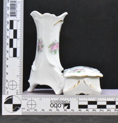 R.S. Prussia Mold 734 hat pin holder attached to pin box, pink roses, red mark - 11