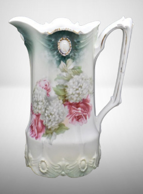 R.S. Prussia Ribbon and Jewel Mold 9.5" pitcher, Roses and Snowballs, red mark