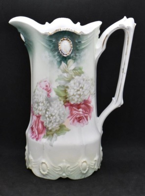 R.S. Prussia Ribbon and Jewel Mold 9.5" pitcher, Roses and Snowballs, red mark - 2