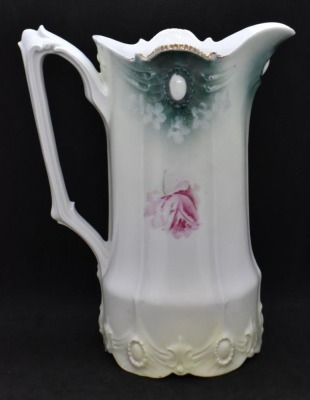 R.S. Prussia Ribbon and Jewel Mold 9.5" pitcher, Roses and Snowballs, red mark - 4