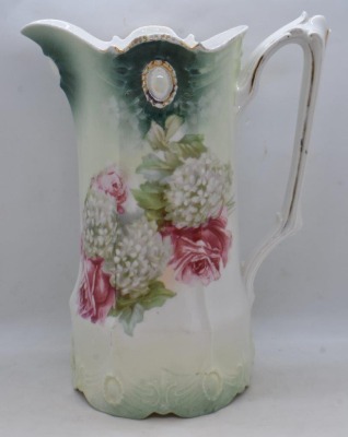 R.S. Prussia Ribbon and Jewel Mold 9.5" pitcher, Roses and Snowballs, red mark - 7