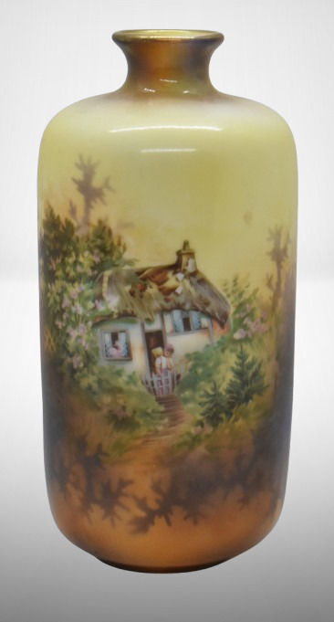 R.S. Prussia Mold 909 7"h vase, Cottage scene, red mark