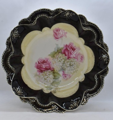 R.S. Prussia Mold 329 10"d bowl, Roses and Snowballs, heavy black border, red mark - 3