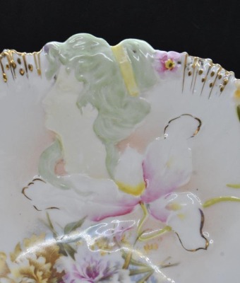 R.S. Prussia Hidden Image 10"d bowl, woman's cameo/ floral center, circle mold mark - 5