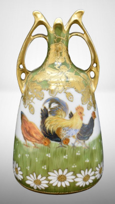 Mrkd. Prov Saxe 7.5" vase, colorful rooster and chickens