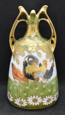 Mrkd. Prov Saxe 7.5" vase, colorful rooster and chickens - 2