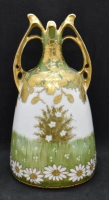 Mrkd. Prov Saxe 7.5" vase, colorful rooster and chickens - 4