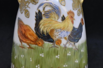 Mrkd. Prov Saxe 7.5" vase, colorful rooster and chickens - 7