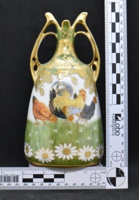 Mrkd. Prov Saxe 7.5" vase, colorful rooster and chickens - 11