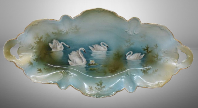 R.S. Prussia 13.5" x 6.5" tray, Swans on Lake, red mark