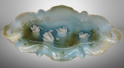 R.S. Prussia 13.5" x 6.5" tray, Swans on Lake, red mark