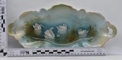 R.S. Prussia 13.5" x 6.5" tray, Swans on Lake, red mark - 6