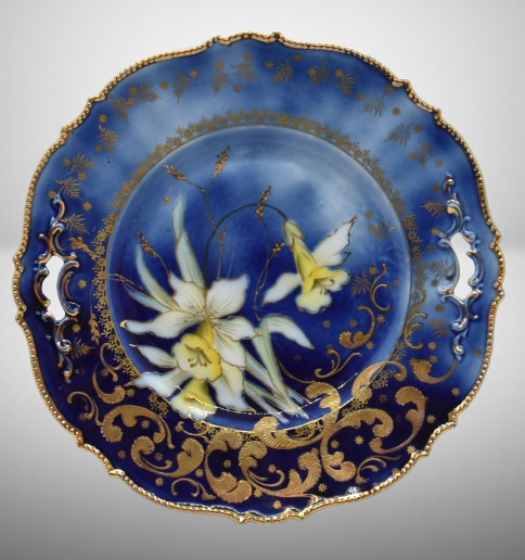 Saxe Altenburg Germany cobalt 10.5"d cake plate w/ Lilies