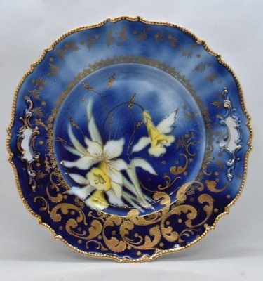 Saxe Altenburg Germany cobalt 10.5"d cake plate w/ Lilies - 3