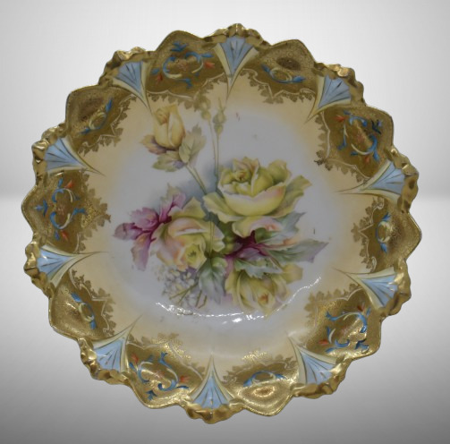 R.S. Prussia Mold 98 9.5"d bowl, large yellow roses, circle mold mark