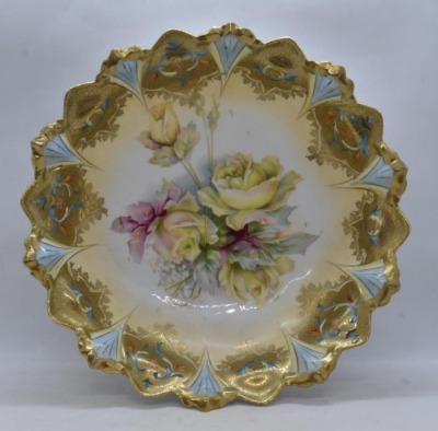 R.S. Prussia Mold 98 9.5"d bowl, large yellow roses, circle mold mark - 3