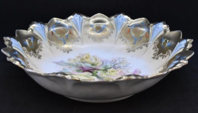 R.S. Prussia Mold 98 9.5"d bowl, large yellow roses, circle mold mark - 7