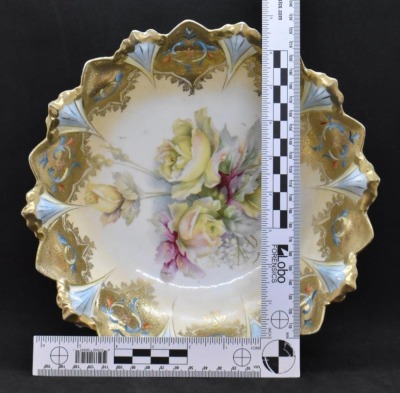 R.S. Prussia Mold 98 9.5"d bowl, large yellow roses, circle mold mark - 8