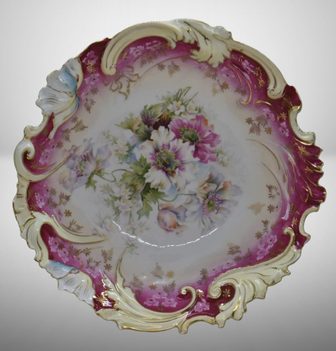 Handpainted porcelain 10.75"d bowl/ Steeple Mold 9, multi-colored flowers, circle mold mark