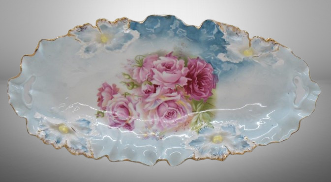 R.S. Prussia Carnation Mold 12" x 6" relish/ celery dish, pink roses, red mark