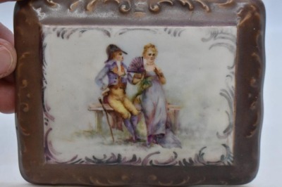 Mrkd. TandV France cov. hair receiver w/ Victorian couple featured on lid - 2