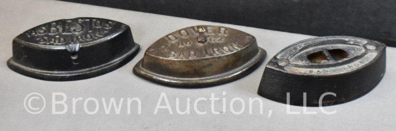 (3) Sad irons (no handles) incl. Dover #62, Mrs. Potts and Asbestos