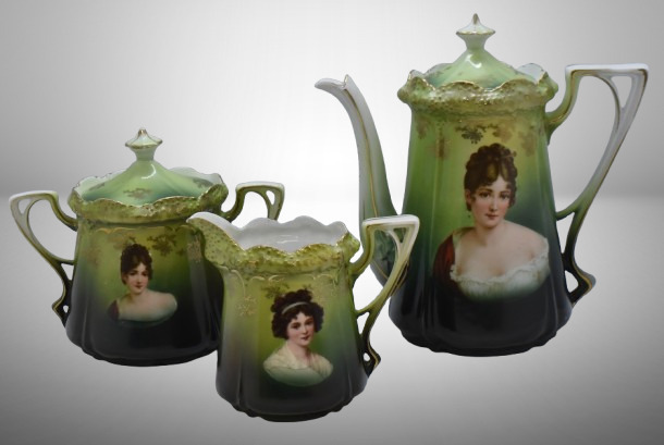 R.S. Prussia Stippled Floral Mold 3 pc. tea set, Madame Recamier and LeBrun I portraits