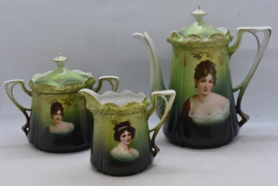 R.S. Prussia Stippled Floral Mold 3 pc. tea set, Madame Recamier and LeBrun I portraits - 2