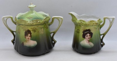 R.S. Prussia Stippled Floral Mold 3 pc. tea set, Madame Recamier and LeBrun I portraits - 3