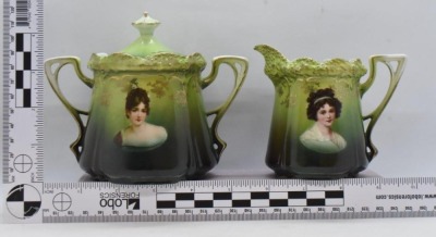 R.S. Prussia Stippled Floral Mold 3 pc. tea set, Madame Recamier and LeBrun I portraits - 14