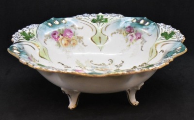 R.S. Prussia Point and Clover 3-ftd. 7.5"d x 2.5"h bowl, Roses, red mark - 3