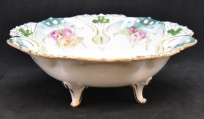 R.S. Prussia Point and Clover 3-ftd. 7.5"d x 2.5"h bowl, Roses, red mark - 4