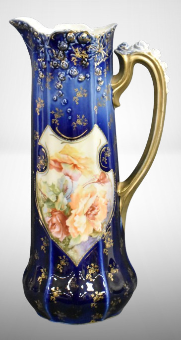 R.S. Prussia cobalt 14"h tankard, Steeple Mold 7, colorful open blossoms, Steeple Mark 3