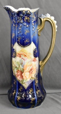 R.S. Prussia cobalt 14"h tankard, Steeple Mold 7, colorful open blossoms, Steeple Mark 3 - 2