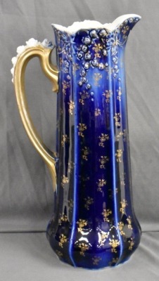 R.S. Prussia cobalt 14"h tankard, Steeple Mold 7, colorful open blossoms, Steeple Mark 3 - 4