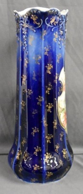 R.S. Prussia cobalt 14"h tankard, Steeple Mold 7, colorful open blossoms, Steeple Mark 3 - 5