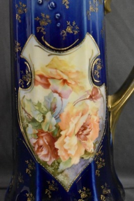 R.S. Prussia cobalt 14"h tankard, Steeple Mold 7, colorful open blossoms, Steeple Mark 3 - 7