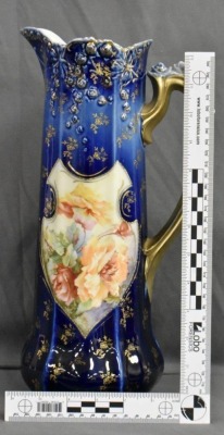 R.S. Prussia cobalt 14"h tankard, Steeple Mold 7, colorful open blossoms, Steeple Mark 3 - 11