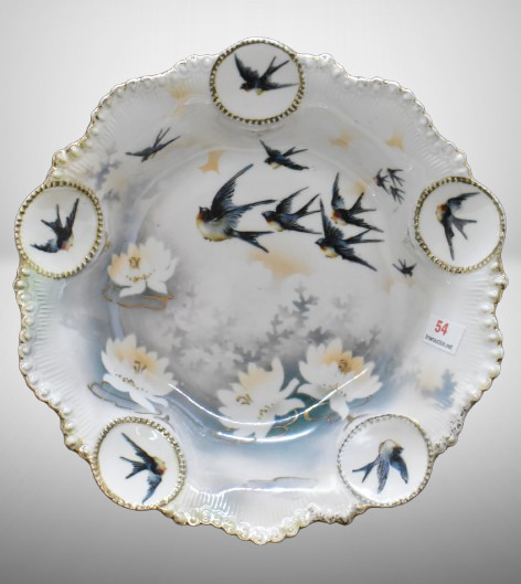 R.S. Prussia Medallion Mold 8"d bowl, Swallows and shadow flowers, red mark