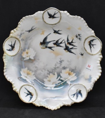 R.S. Prussia Medallion Mold 8"d bowl, Swallows and shadow flowers, red mark - 3