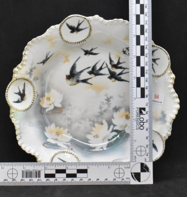 R.S. Prussia Medallion Mold 8"d bowl, Swallows and shadow flowers, red mark - 7