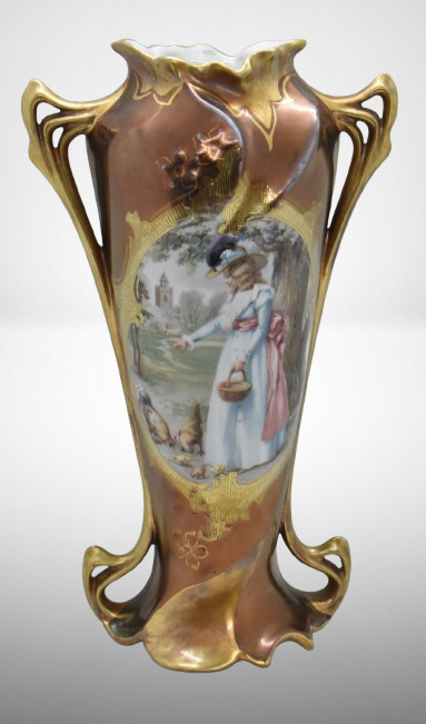 Royal Vienna Mold 1 9"h vase, Lady Feeding Chickens, bronze Tiffany irid. finish