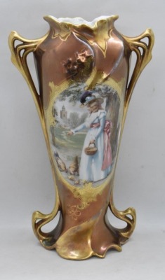 Royal Vienna Mold 1 9"h vase, Lady Feeding Chickens, bronze Tiffany irid. finish - 2