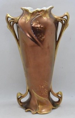 Royal Vienna Mold 1 9"h vase, Lady Feeding Chickens, bronze Tiffany irid. finish - 4