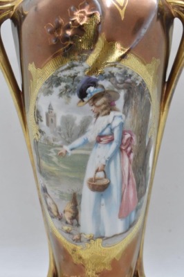 Royal Vienna Mold 1 9"h vase, Lady Feeding Chickens, bronze Tiffany irid. finish - 6