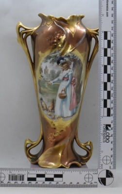 Royal Vienna Mold 1 9"h vase, Lady Feeding Chickens, bronze Tiffany irid. finish - 9