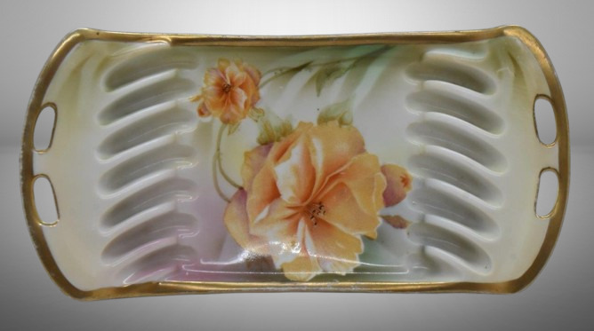 Mrkd. R.S Germany slotted spoon holder, large orange flower